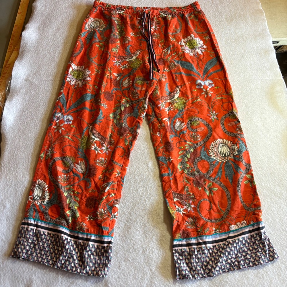 Victoria Garcia Anthropologie Orange Floral Bird Pajama Wide Leg Lounge Pants L